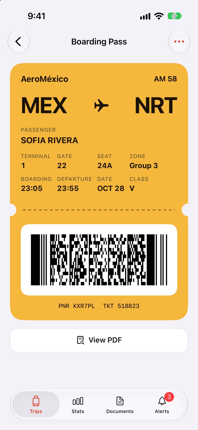 Aeroméxico AM 58 boarding pass from MEX to NRT with a barcode