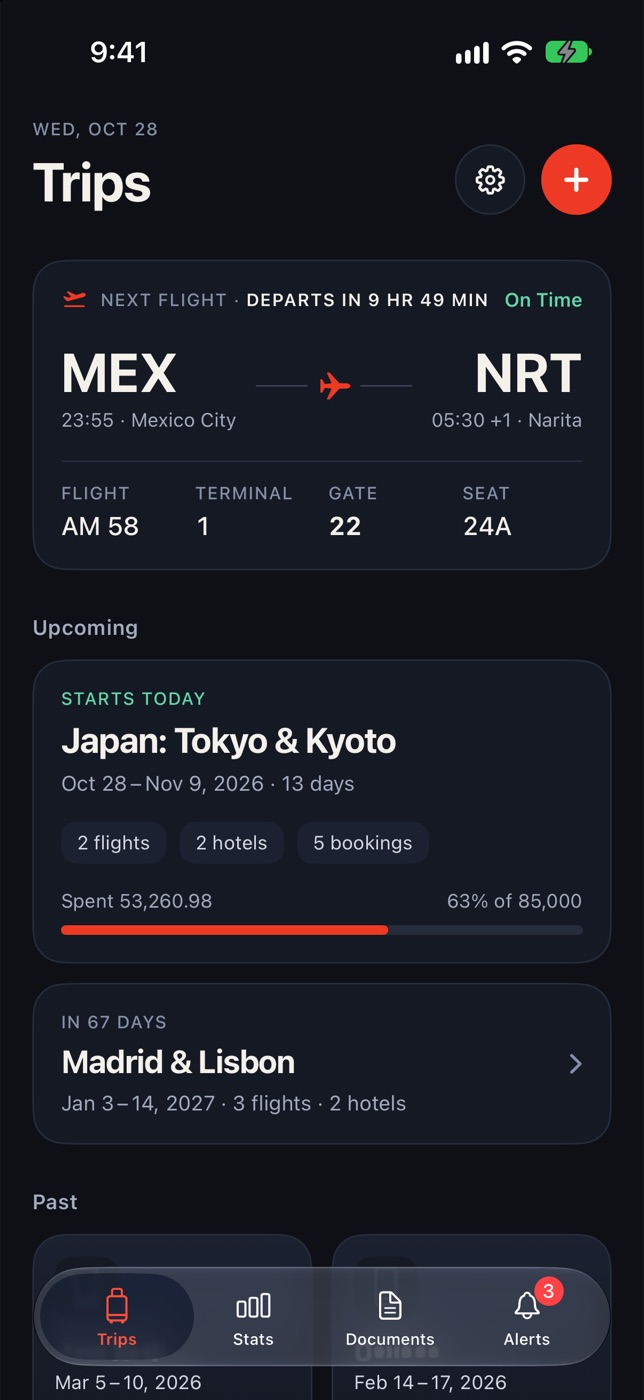 Trips screen in dark mode