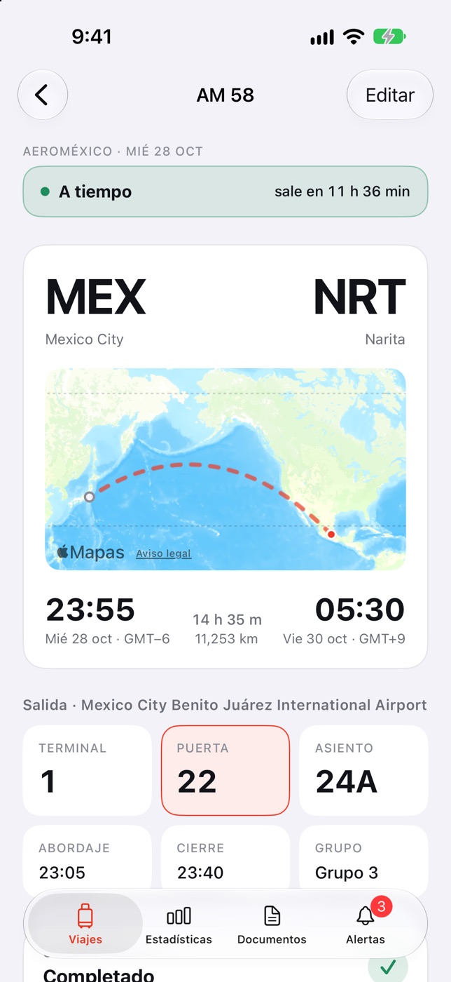 Detalle del vuelo AM 58 de Ciudad de México a Narita: terminal 1, puerta 22, asiento 24A, sale en 8 horas